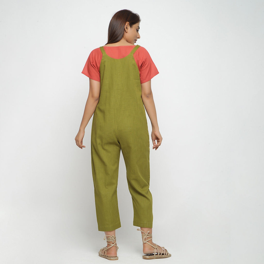 Back View of a Model wearing Olive Green Strap Sleeve Solid Dungaree