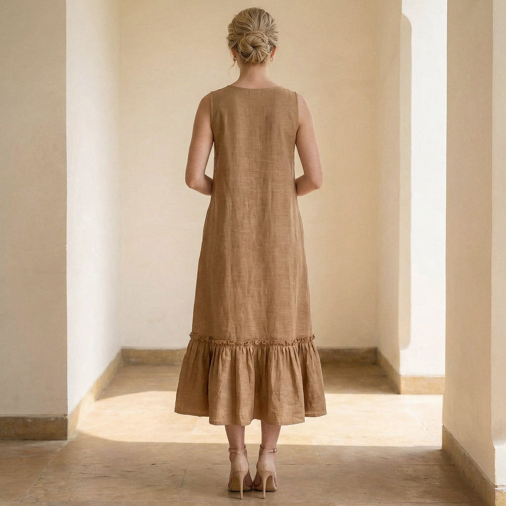 Beige 100% Cotton A-Line V-Neck Sleeveless Maxi Tier Dress
