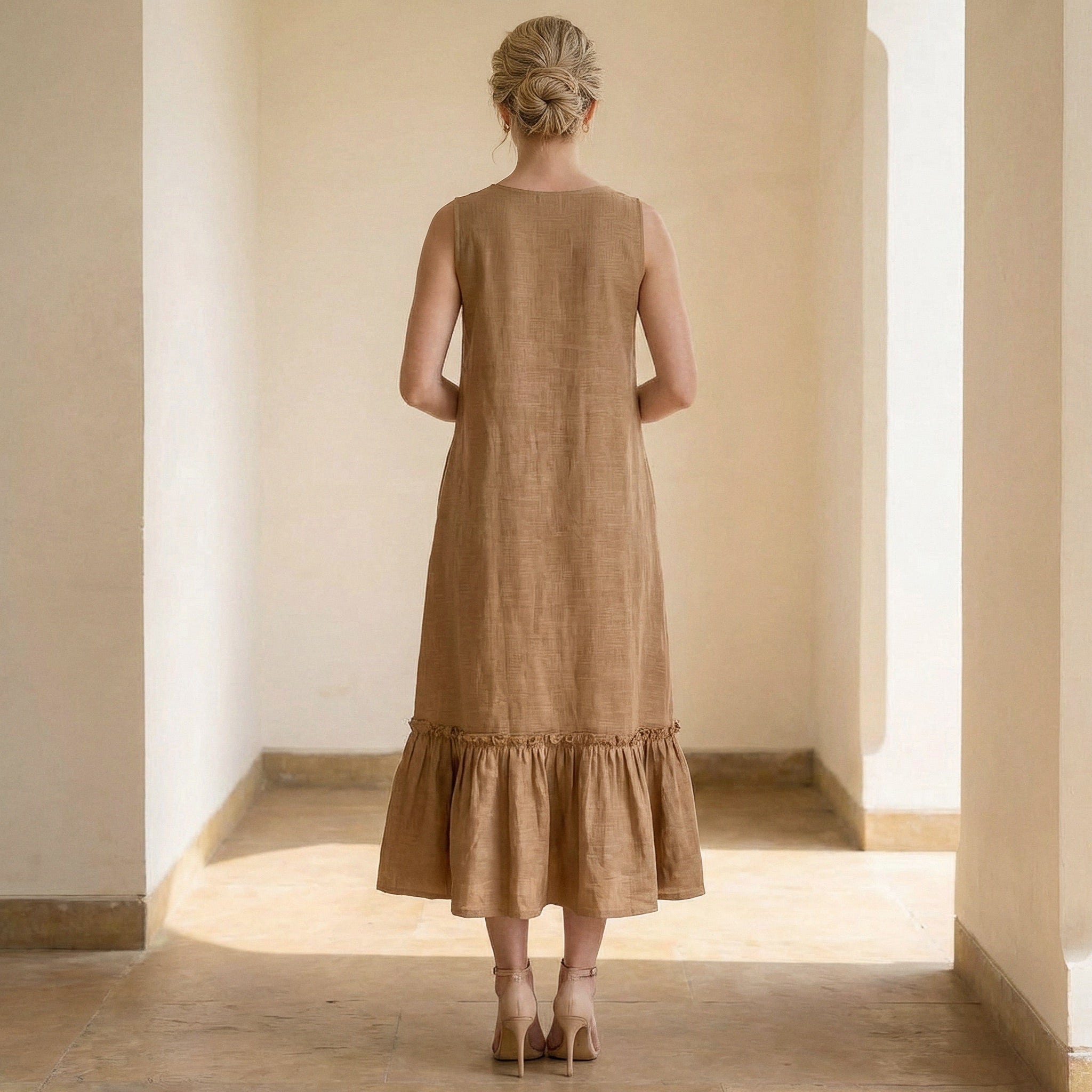 Beige 100% Cotton A-Line V-Neck Sleeveless Maxi Tier Dress