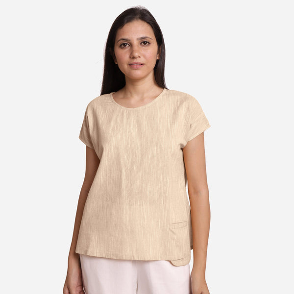 Front View of a Model wearing Beige 100% Cotton Boat Neck A-Line Top