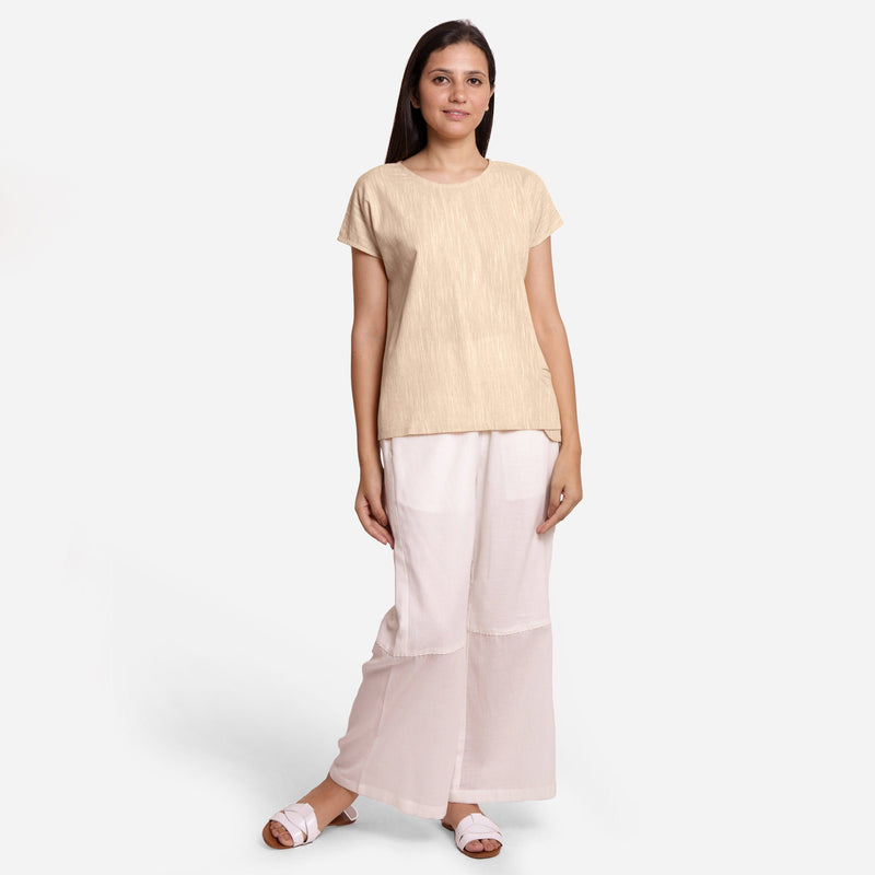 Front View of a Model wearing Beige 100% Cotton Boat Neck A-Line Top