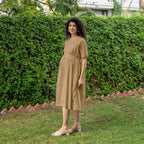 Beige 100% Cotton Button-Down Knee Length Pre and Post Maternity Dress
