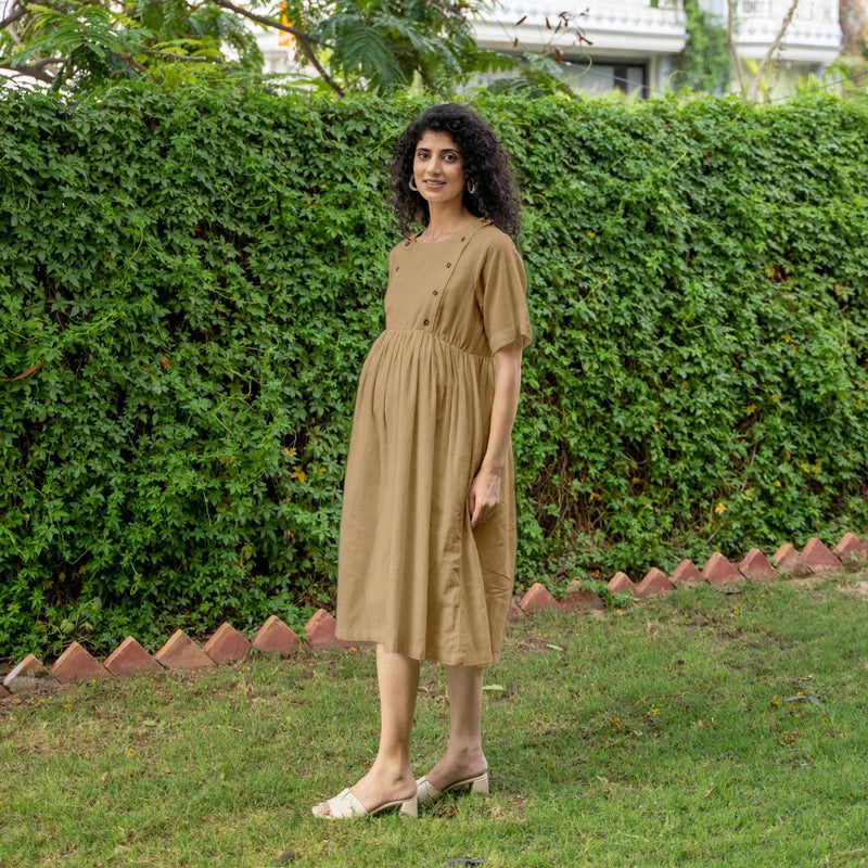 Beige 100% Cotton Button-Down Knee Length Pre and Post Maternity Dress