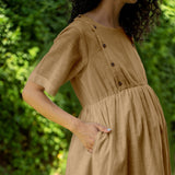 Beige 100% Cotton Button-Down Knee Length Pre and Post Maternity Dress