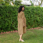 Beige 100% Cotton Button-Down Knee Length Pre and Post Maternity Dress