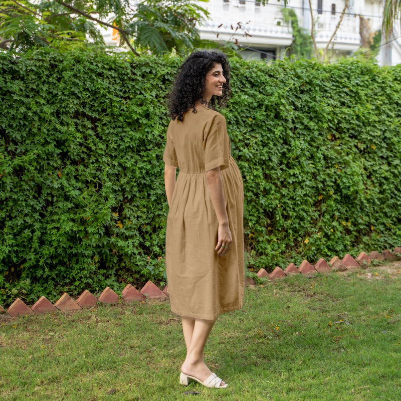 Beige 100% Cotton Button-Down Knee Length Pre and Post Maternity Dress