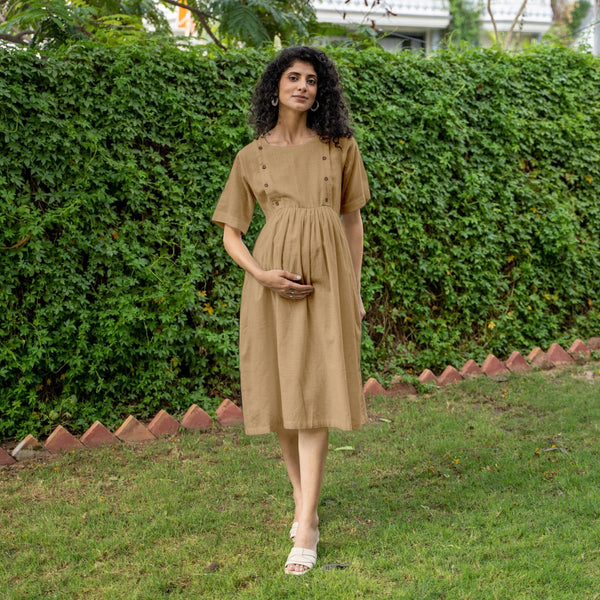 Beige 100% Cotton Button-Down Knee Length Pre and Post Maternity Dress