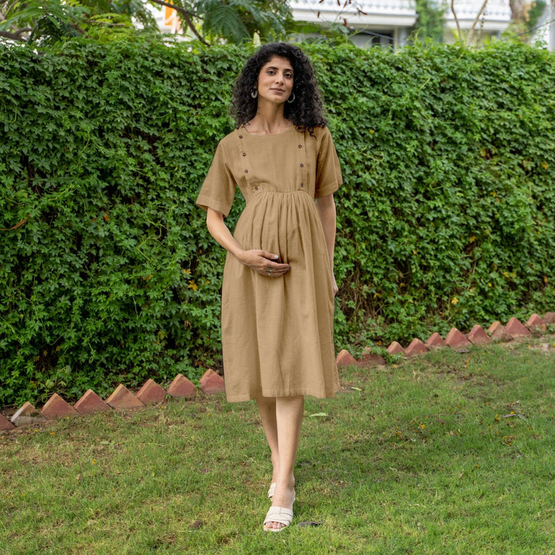 Beige 100% Cotton Button-Down Knee Length Pre and Post Maternity Dress