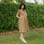 Beige 100% Cotton Button-Down Knee Length Pre and Post Maternity Dress