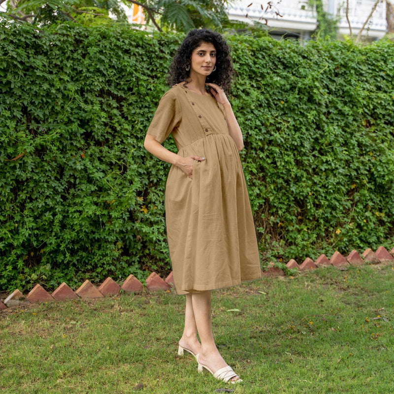 Beige 100% Cotton Button-Down Knee Length Pre and Post Maternity Dress