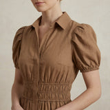 Beige 100% Cotton Button-Down Midi Shirt Dress