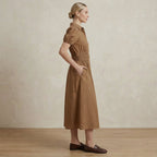 Beige 100% Cotton Button-Down Midi Shirt Dress