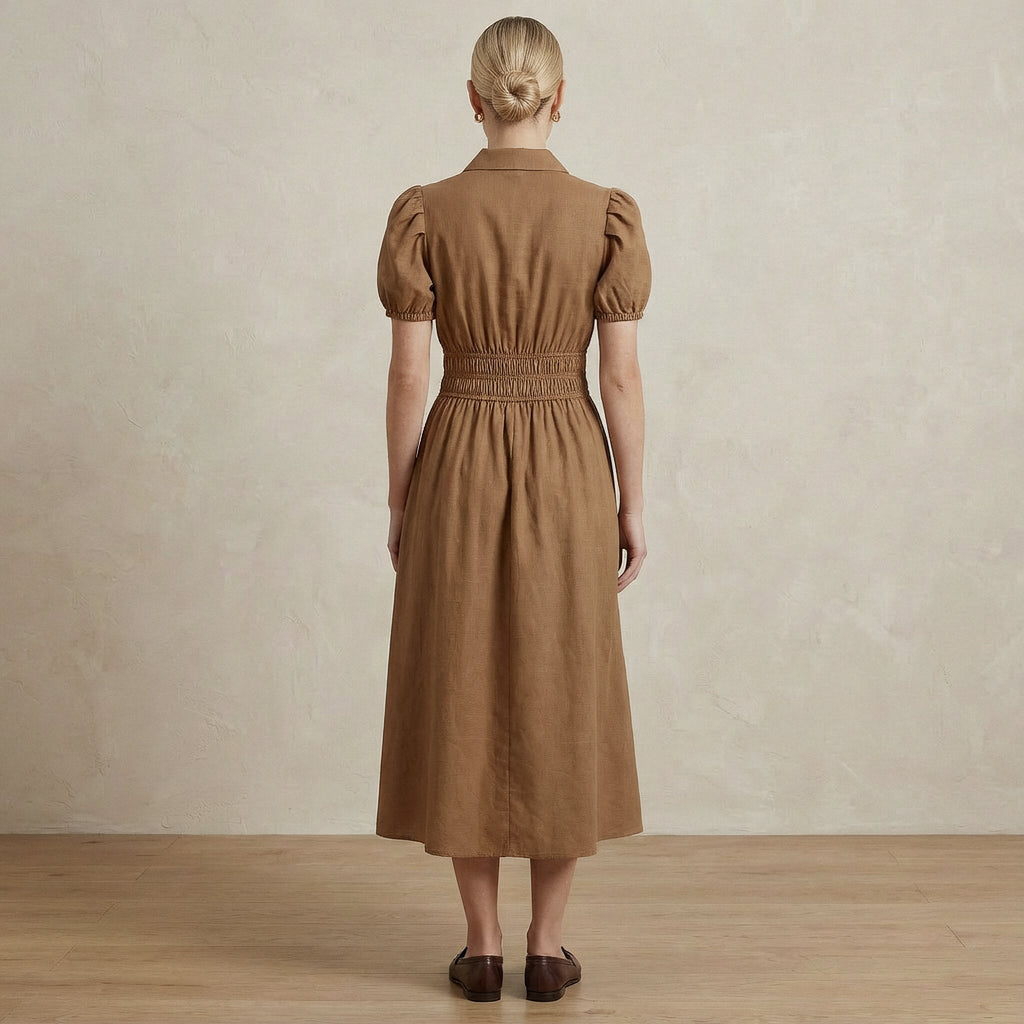Beige 100% Cotton Button-Down Midi Shirt Dress