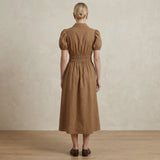 Beige 100% Cotton Button-Down Midi Shirt Dress