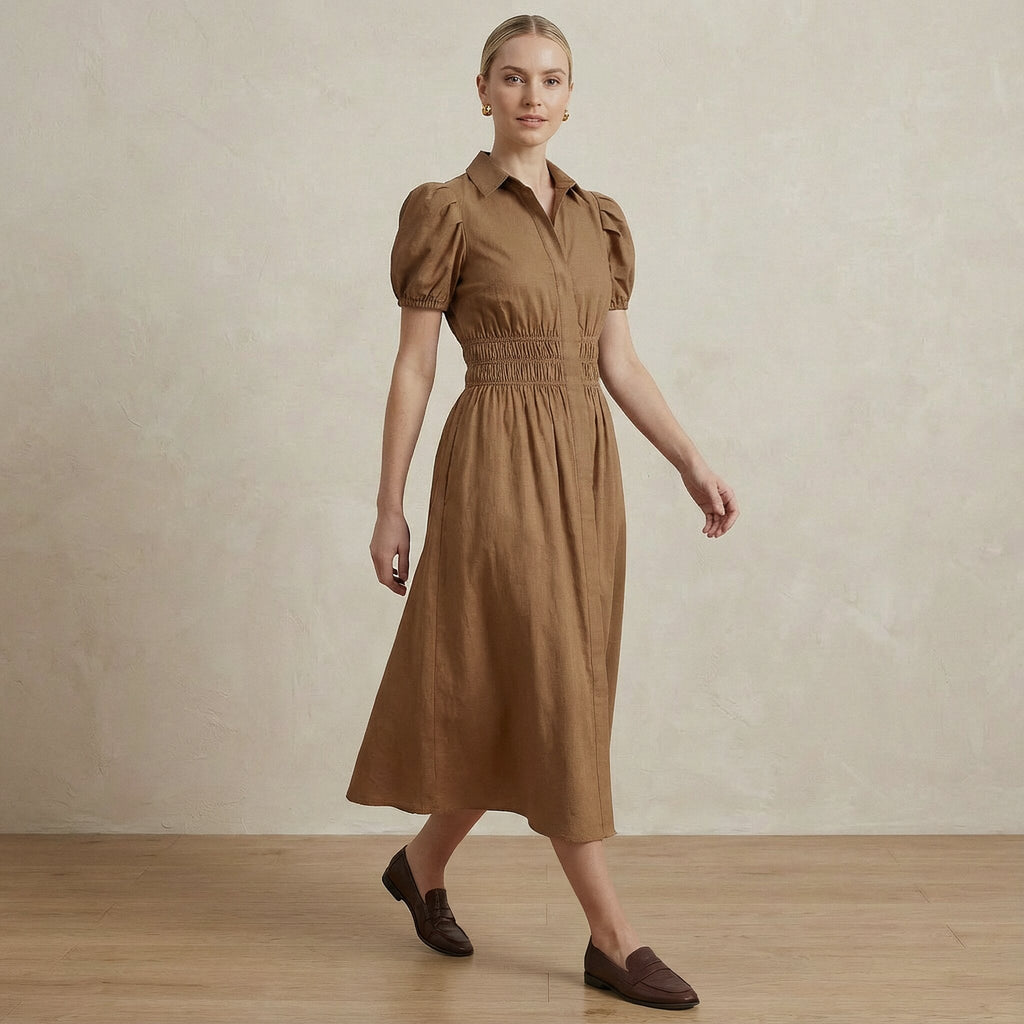 Beige 100% Cotton Button-Down Midi Shirt Dress