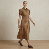 Beige 100% Cotton Button-Down Midi Shirt Dress