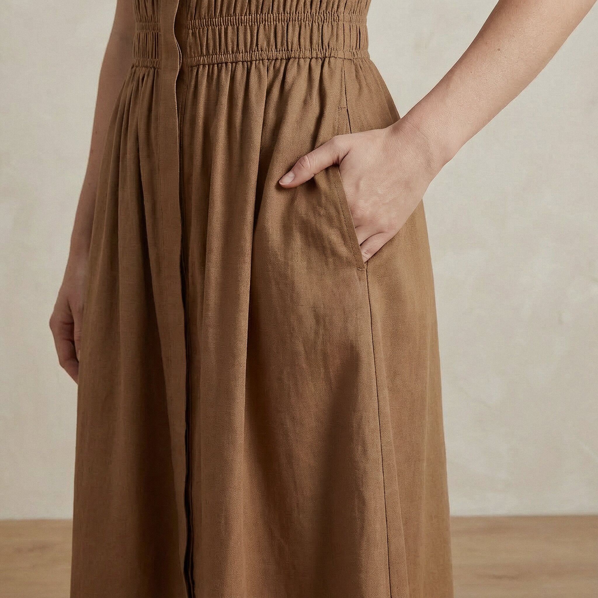 Beige 100% Cotton Button-Down Midi Shirt Dress
