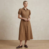 Beige 100% Cotton Button-Down Midi Shirt Dress