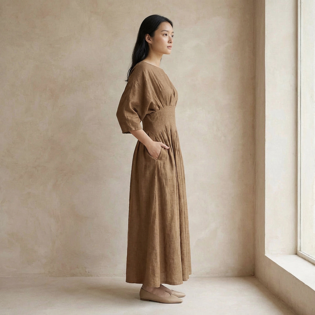 Beige 100% Cotton Cinched Waist Flared Maxi Dress
