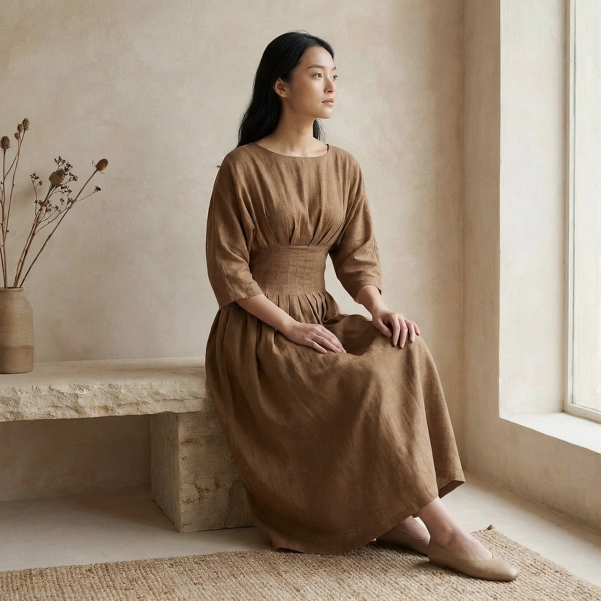 Beige 100% Cotton Cinched Waist Flared Maxi Dress