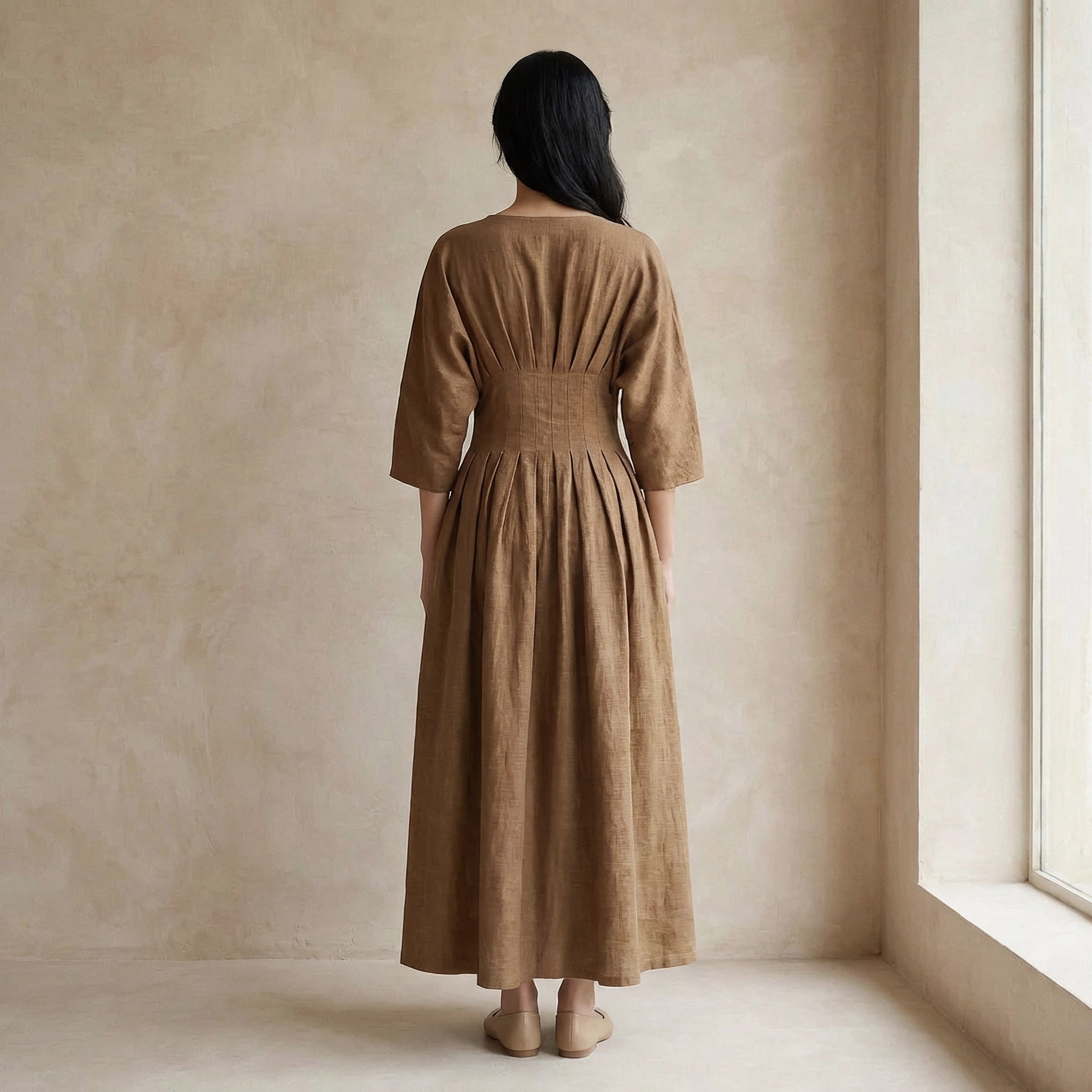 Beige 100% Cotton Cinched Waist Flared Maxi Dress