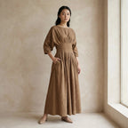 Beige 100% Cotton Cinched Waist Flared Maxi Dress