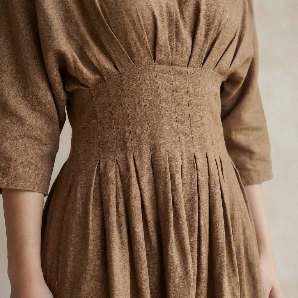 Beige 100% Cotton Cinched Waist Flared Maxi Dress