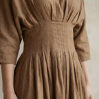 Beige 100% Cotton Cinched Waist Flared Maxi Dress