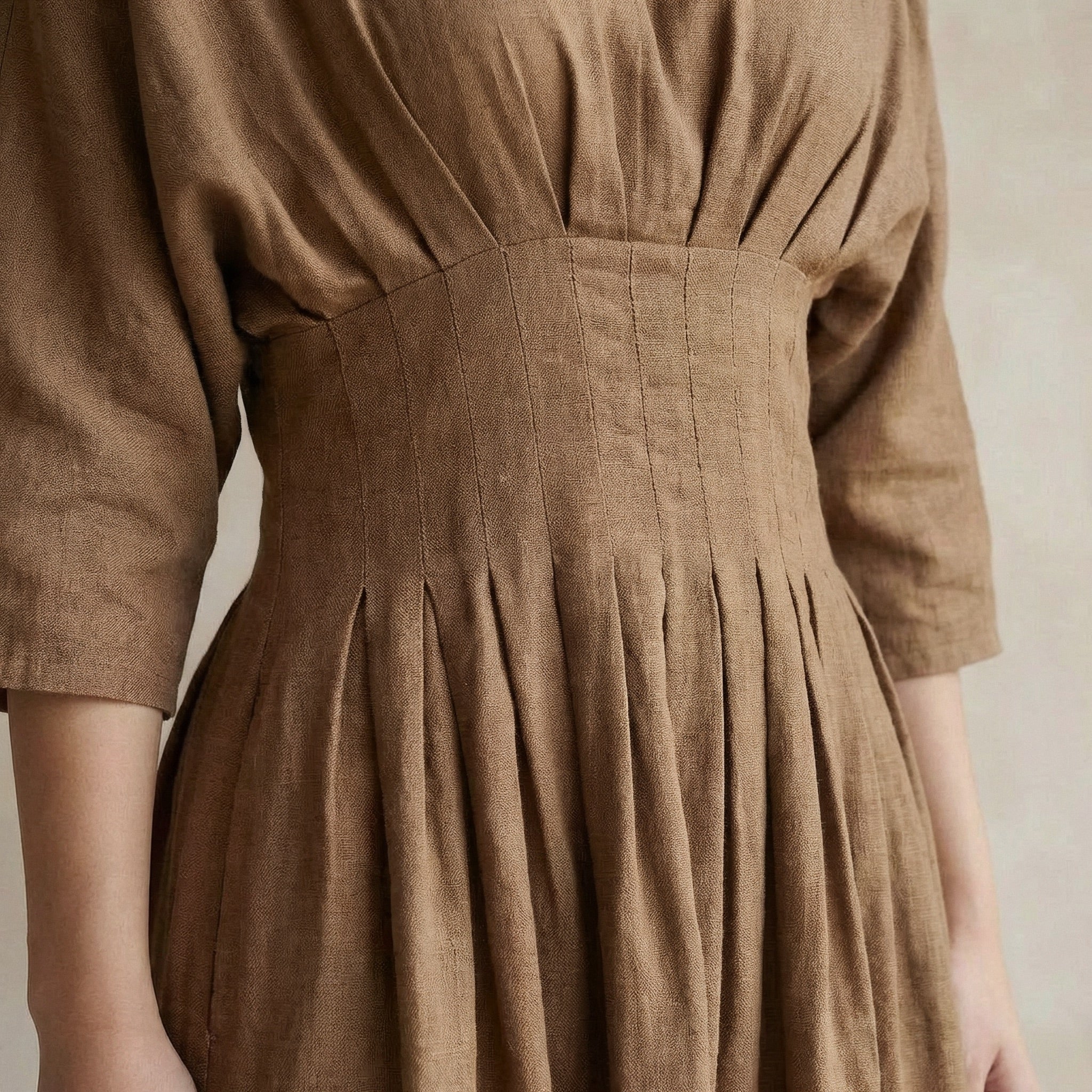 Beige 100% Cotton Cinched Waist Flared Maxi Dress