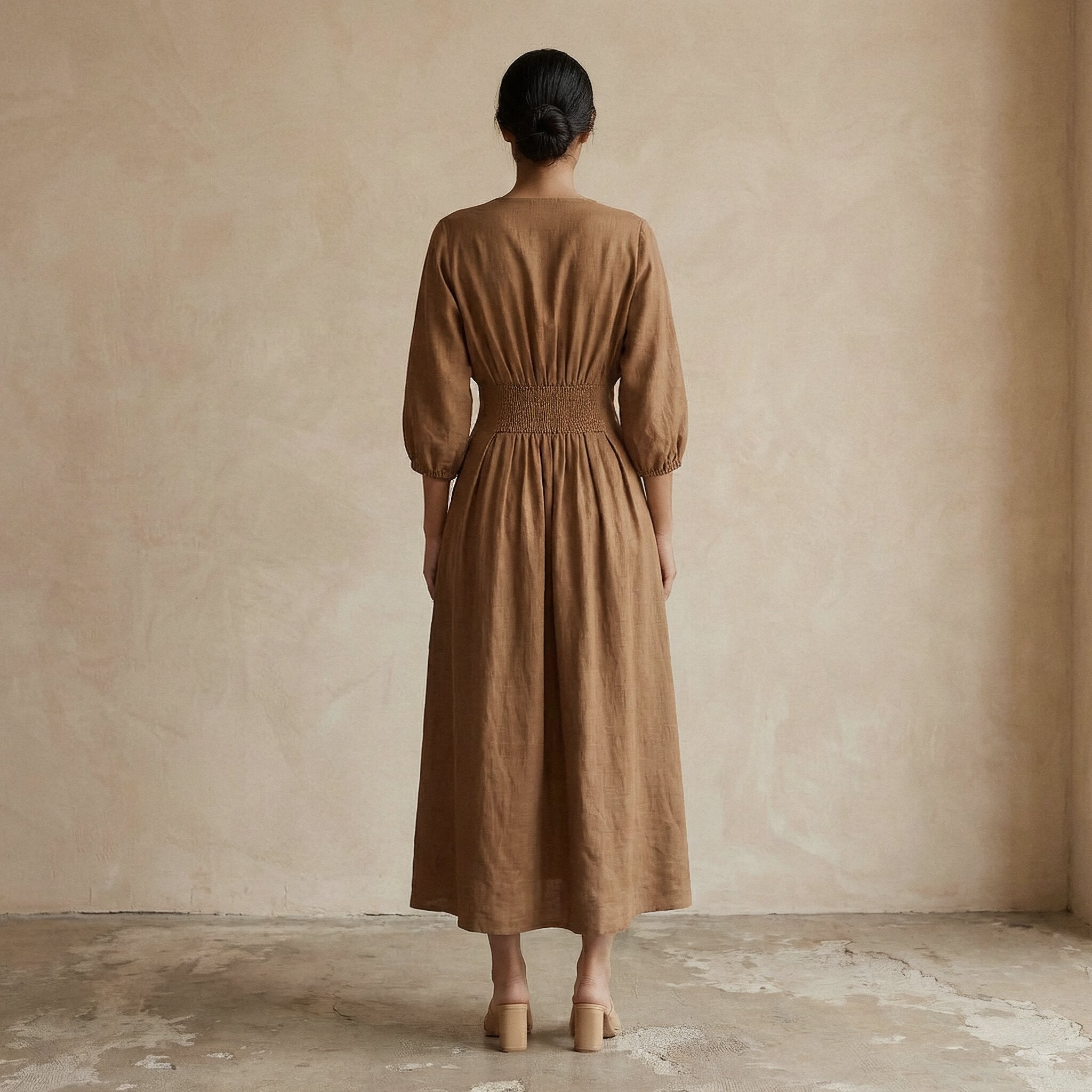Beige 100% Cotton Deep-V Neck Empire Waist Maxi Dress
