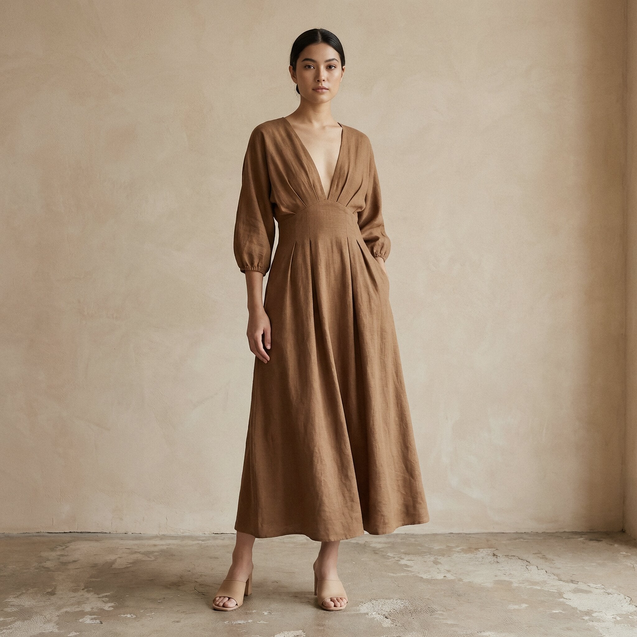 Beige 100% Cotton Deep-V Neck Empire Waist Maxi Dress
