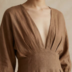 Beige 100% Cotton Deep-V Neck Empire Waist Maxi Dress