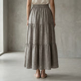 Beige 100% Cotton Elasticated Maxi Tier Skirt