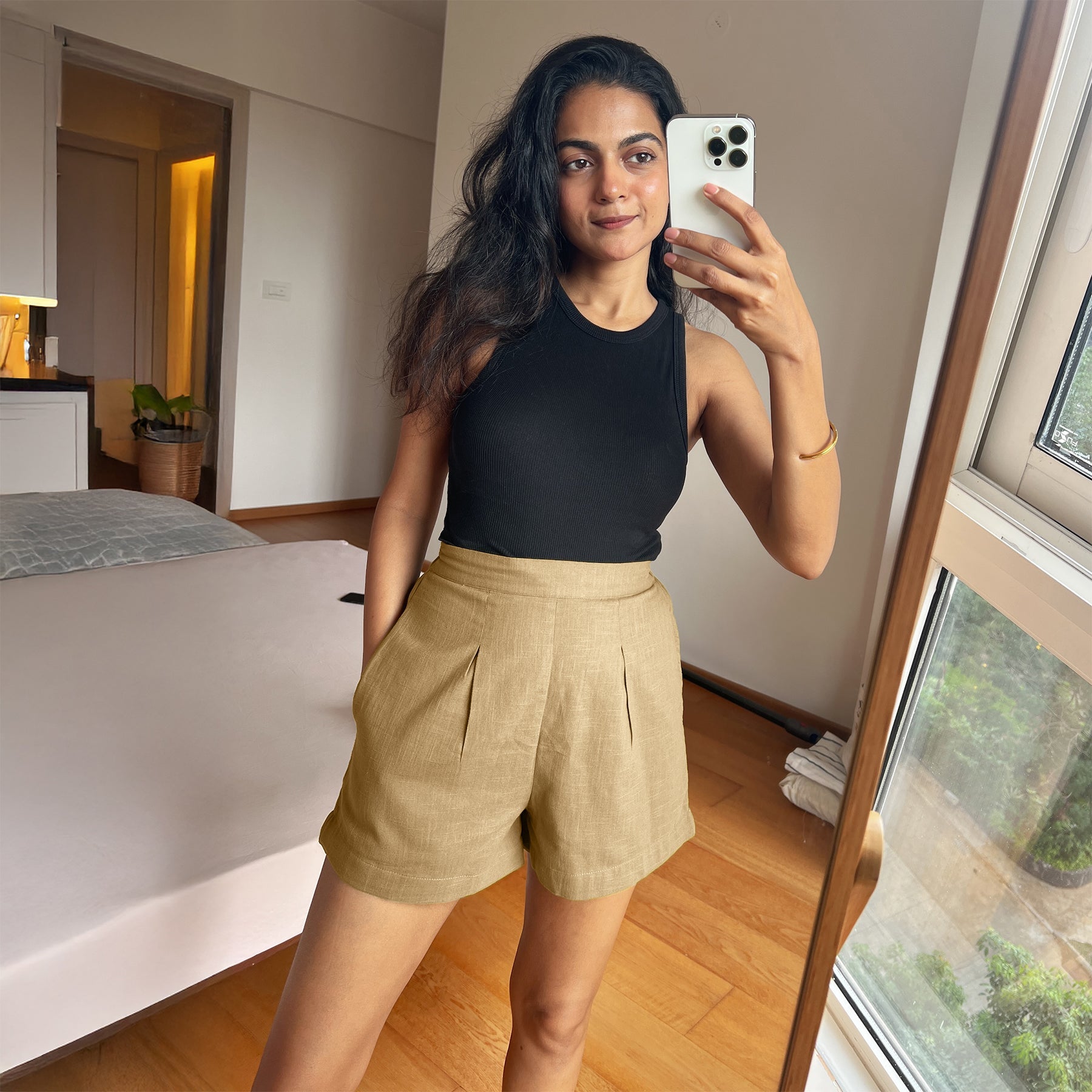 Beige 100% Cotton Elasticated Shorts