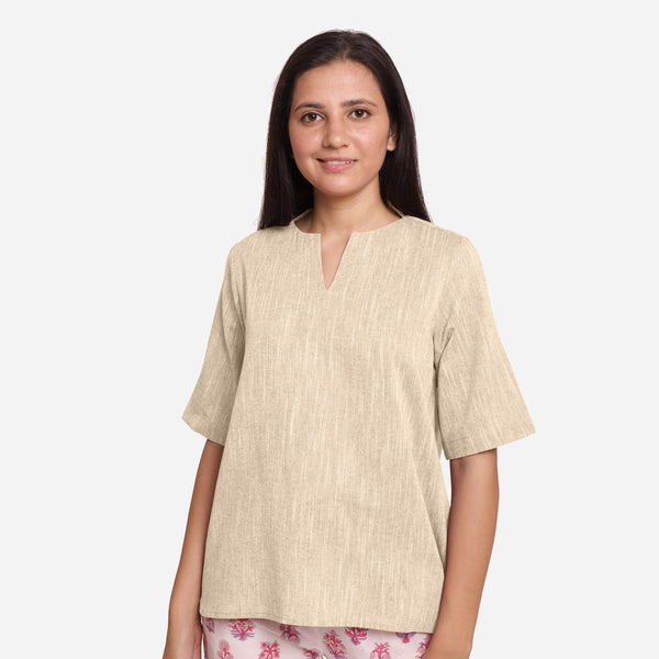 Front View of a Model wearing Beige 100% Cotton High Low Tunic Top