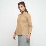 Left View of a Model wearing Beige 100% Cotton Peter Pan Collar Shirt