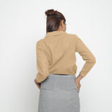 Back View of a Model wearing Beige 100% Cotton Peter Pan Collar Shirt