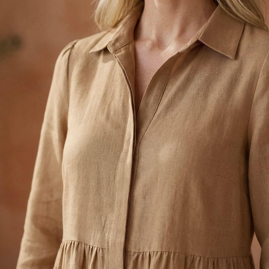 Beige 100% Cotton Short Shirt Dress