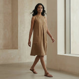 Beige 100% Cotton Sleeveless Paneled Swing Dress