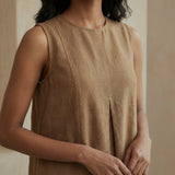 Beige 100% Cotton Sleeveless Paneled Swing Dress