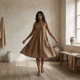 Beige 100% Cotton Sleeveless Paneled Swing Dress