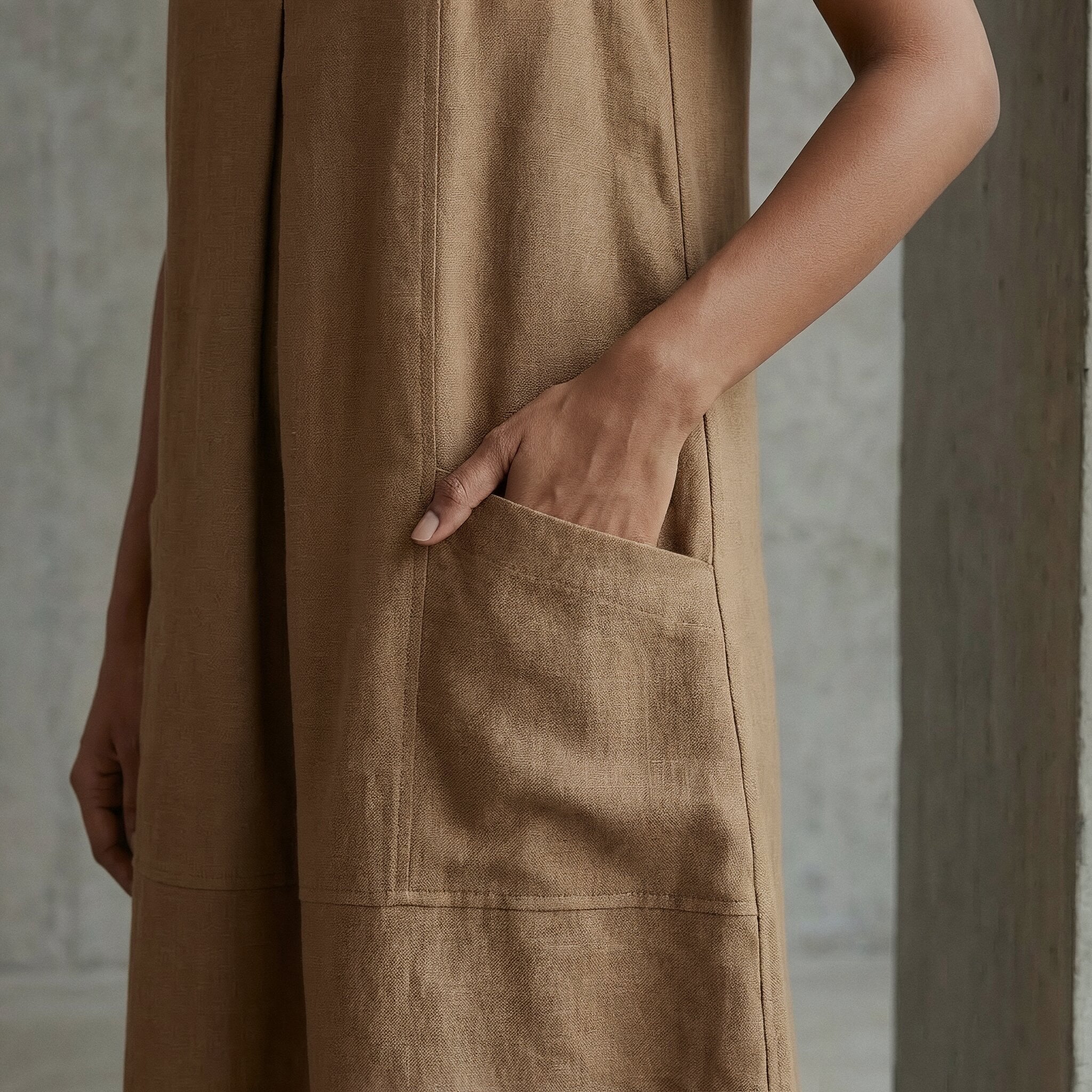 Beige 100% Cotton Sleeveless Paneled Swing Dress