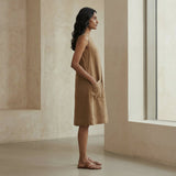 Beige 100% Cotton Sleeveless Paneled Swing Dress