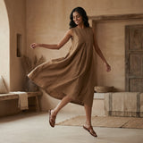 Beige 100% Cotton Sleeveless Paneled Swing Dress