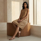 Beige 100% Cotton Sleeveless Paneled Swing Dress