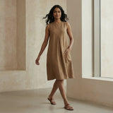 Beige 100% Cotton Sleeveless Paneled Swing Dress