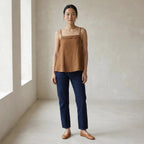Beige 100% Cotton Spaghetti Strap Top with Elastic Gathered Back