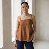 Beige 100% Cotton Spaghetti Strap Top with Elastic Gathered Back