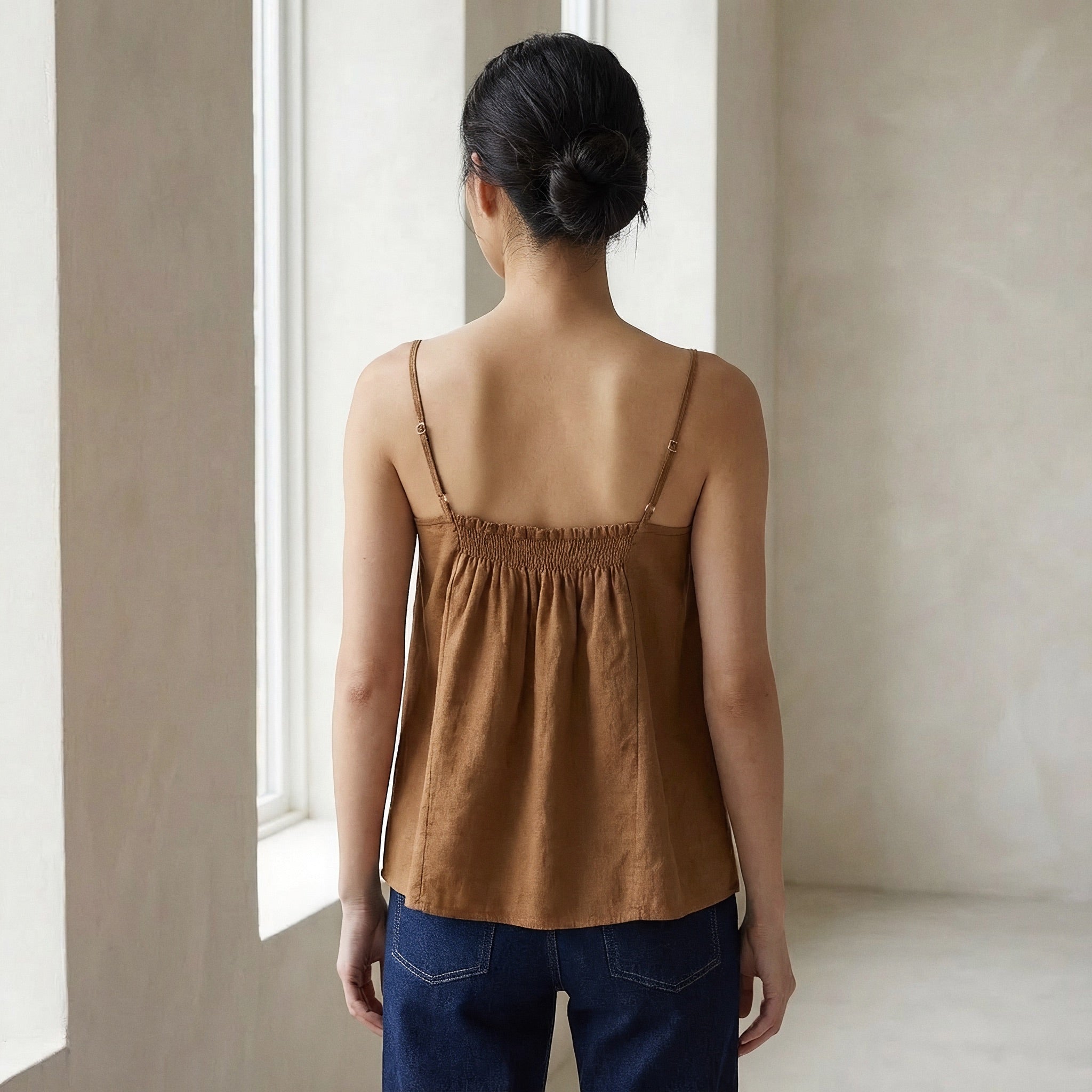 Beige 100% Cotton Spaghetti Strap Top with Elastic Gathered Back
