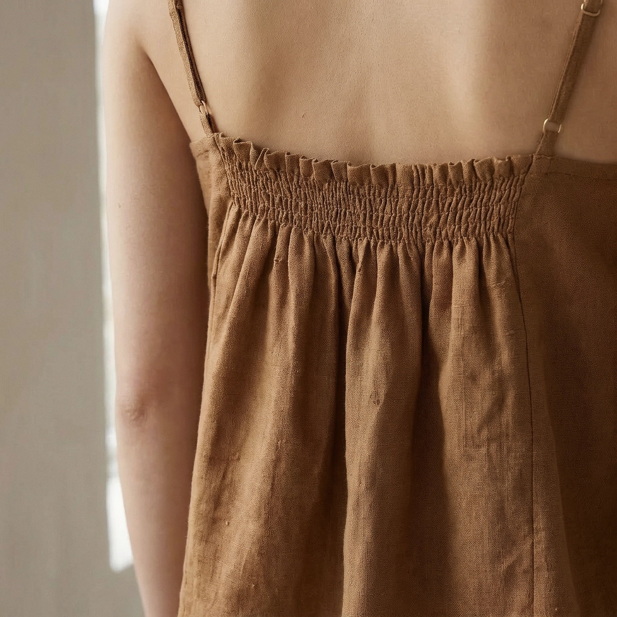 Beige 100% Cotton Spaghetti Strap Top with Elastic Gathered Back